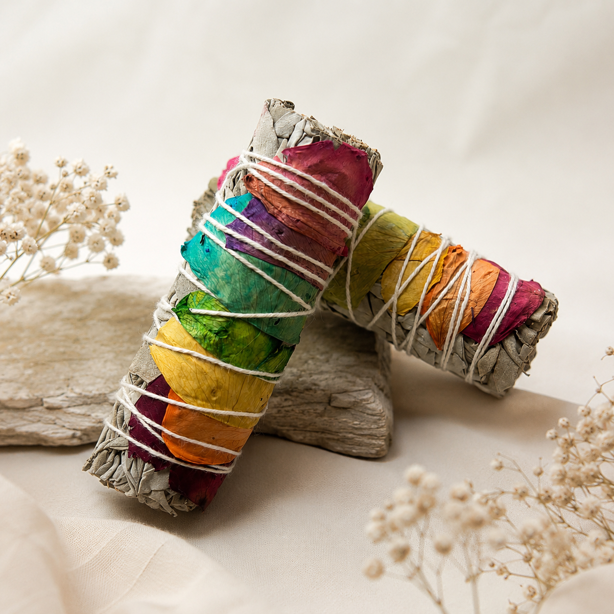 Atadillo Salvia Blanca con pétalos Chakras